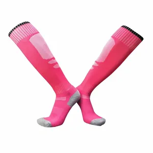 Bright pink knee-high soccer socks with thickened gray towel bottom for sports training