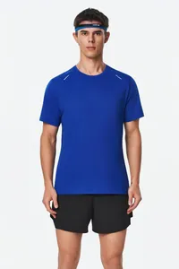 Front view detail of a blue quick-dry athletic T-shirt for men's fitness and running
