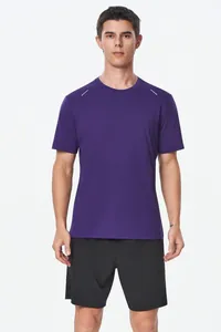 Front view of professional men's quick-dry purple sports t-shirt with reflective details