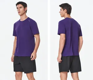 Front and back view of men's purple quick-dry sports T-shirt for fitness