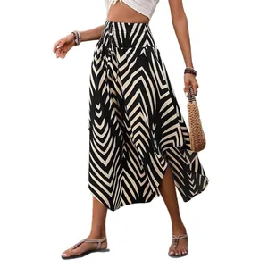 Gonna midi in stile bohémien con stampa chevron e comoda vita alta elasticizzata