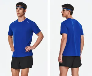 Detailed front and back views of men's blue quick-dry running sports T-shirt crew neck.