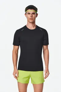 Men's athletic black quick-dry T-shirt modeled with lime green shorts and headband