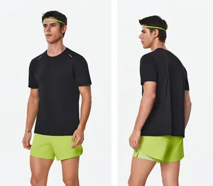 Professional front and side views of a men's black quick-dry sports T-shirt for running and fitness