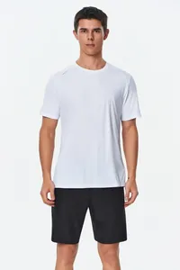 Front view of a white quick-dry athletic t-shirt for men on a professional model
