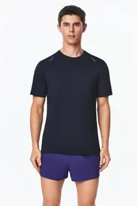 Men's navy quick-dry short-sleeved sports T-shirt with round neck for running and fitness training