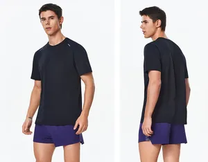 Front and back views of a men's black quick-dry sports T-shirt for running and fitness.