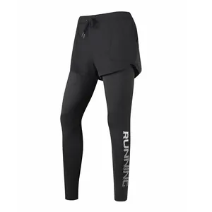 Close-up detail of women's black 2-in-1 quick-dry sports leggings with running text print