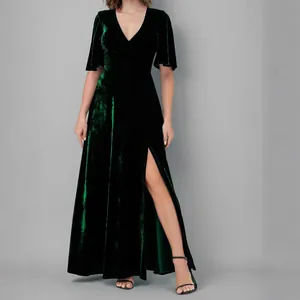 Elegant dark green velvet V-neck maxi dress with high split and sleeves