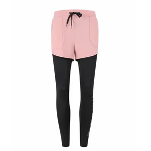 High-waist quick-dry women's yoga leggings with pink shorts and black layers front view