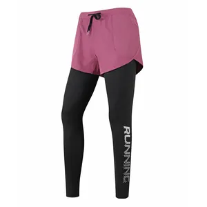 Women's 2-in-1 quick-dry sports leggings with pink shorts and black running tights