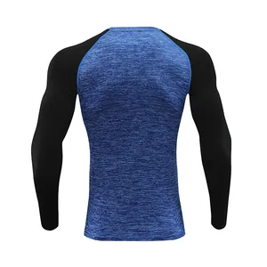 Vista posteriore di maglia a compressione uomo a maniche lunghe, motivo blu mélange.