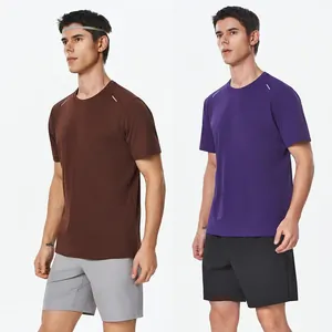 Men's quick-dry short sleeve sports T-shirt for running and gym in purple and brown colors