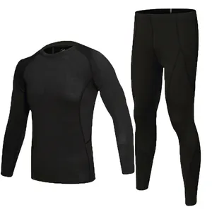 Full view of two-piece black compression sports suit including long sleeve top and leggings