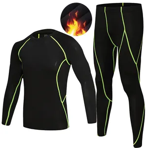 Men's thermal compression base layer set with warm fleece lining and neon green stitching
