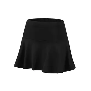 Close-up detail of black athletic tennis skirt with breathable quick-dry fabric material