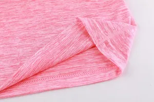Close-up of high-quality stitching and pink heather fabric texture on sports T-shirt