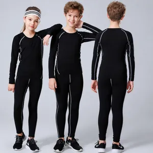 Children's quick-dry black compression sportswear set with grey stitching