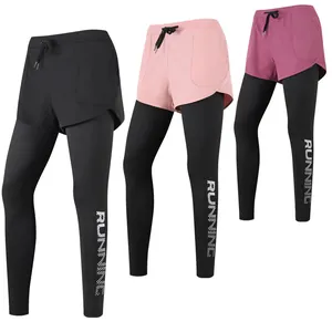 Women 2-in-1 Yoga Pants Quick-Dry Running Leggings Double Layer Anti-Exposure Fitness Tights With Drawstring And Letter Print Polyester Bottom