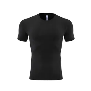 Front view of black men's athletic compression short sleeve t-shirt for running and fitness