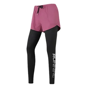Women's 2-in-1 quick-dry running leggings with pink shorts and RUNNING print