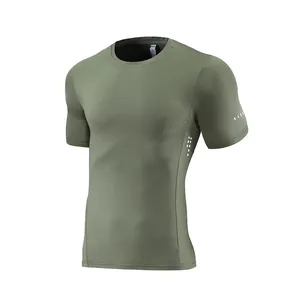 Front view of olive green men's athletic compression T-shirt in milk silk fabric