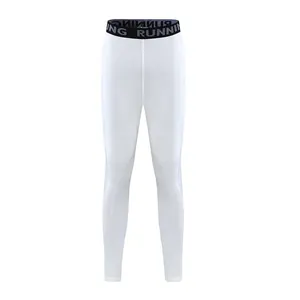 White high-waisted compression leggings for sports with elastic RUNNING waistband.
