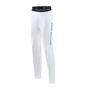 Detailed view of white high-waisted children's compression pants with RUNNING waist