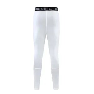 Back view of professional white compression sports tights for kids with RUNNING waistband