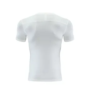 Back view of a white men's compression athletic T-shirt for fitness and running.