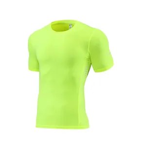 Men's neon yellow short sleeve athletic compression T-shirt for fitness and running