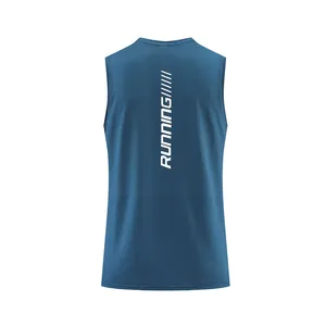 Back view of blue quick-dry running tank top with breathable mesh fabric detail