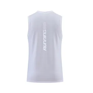 Back view of white quick-dry men's sports tank top with vertical running print