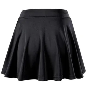 Rear view of a black pleated athletic tennis skirt with comfortable high-waistband