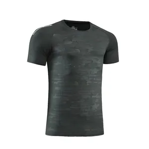 Detailed view of quick-dry sports T-shirt with dark camouflage texture
