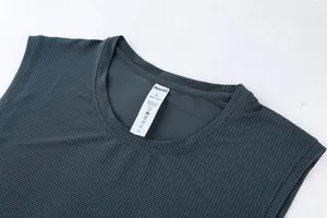 Close-up of breathable mesh texture and tag on men's athletic sports tank top