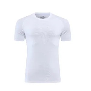 Front view of a white slim-fit crew neck quick-dry athletic T-shirt for men's fitness