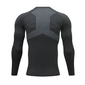 Back view of men's long-sleeve compression shirt with grey textured pattern detail