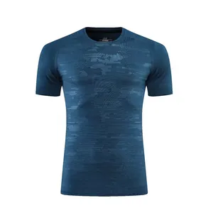 Close-up detail of men's slim fit quick dry blue sports T-shirt for fitness training