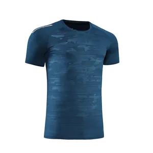 Detailed view of men's slim-fit blue athletic T-shirt with textured pattern.