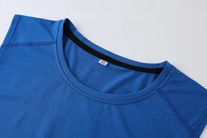 Close-up detail of crew neck and breathable mesh fabric on blue sports vest