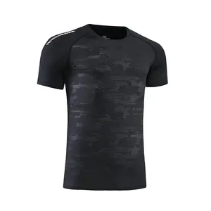 Front view of men's slim-fit quick-dry sports t-shirt featuring a subtle dark camo pattern