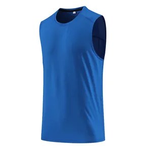 Detailed view of a blue quick-dry mesh sports tank top for men with a round neck.