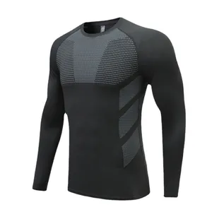 Men's quick-dry long sleeve compression shirt for fitness and outdoor running, black and grey.