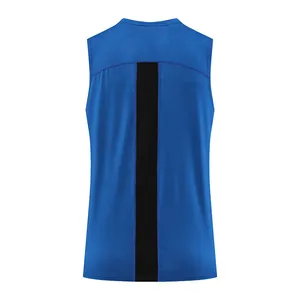 Back view of blue quick-dry sleeveless sports tank top with black vertical stripe detail