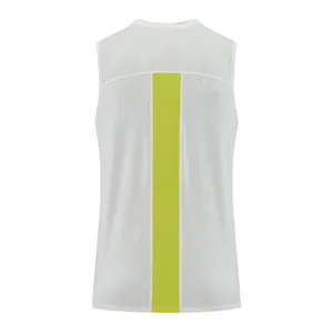 Back view of a white quick-dry sports tank top featuring a lime green mesh stripe