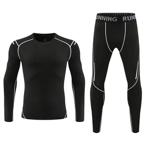 Front view of mens black quick-dry sports compression suit set with white accents