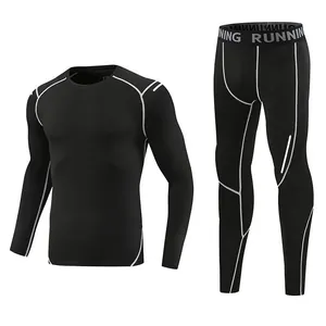 Detailed layout of black long-sleeve compression shirt and pants with white contrast stitching