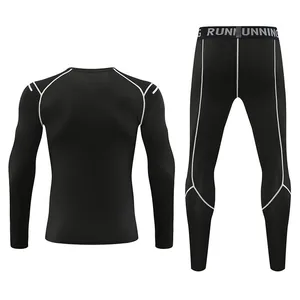 Back view of black quick-dry long sleeve compression shirt and leggings sports set