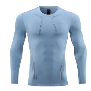 Close-up front view of men's light blue long sleeve quick-dry compression sports shirt